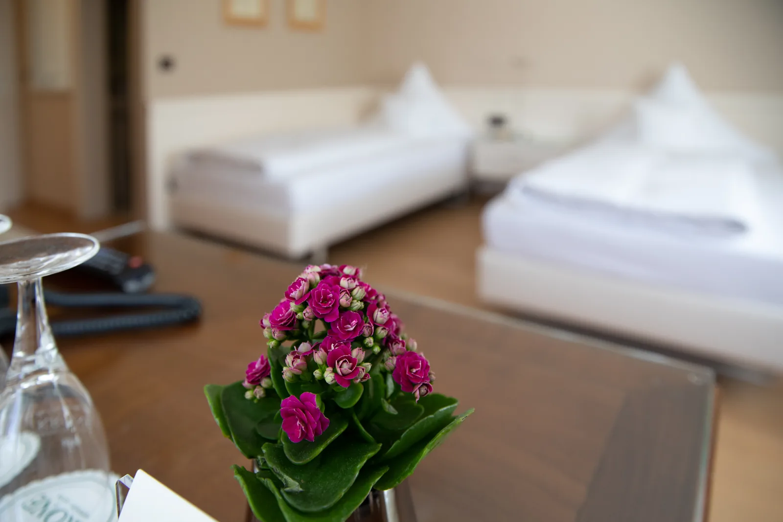 Frische Blumen und Wasserglas auf dem Tisch eines Zimmers im Hotel Krone