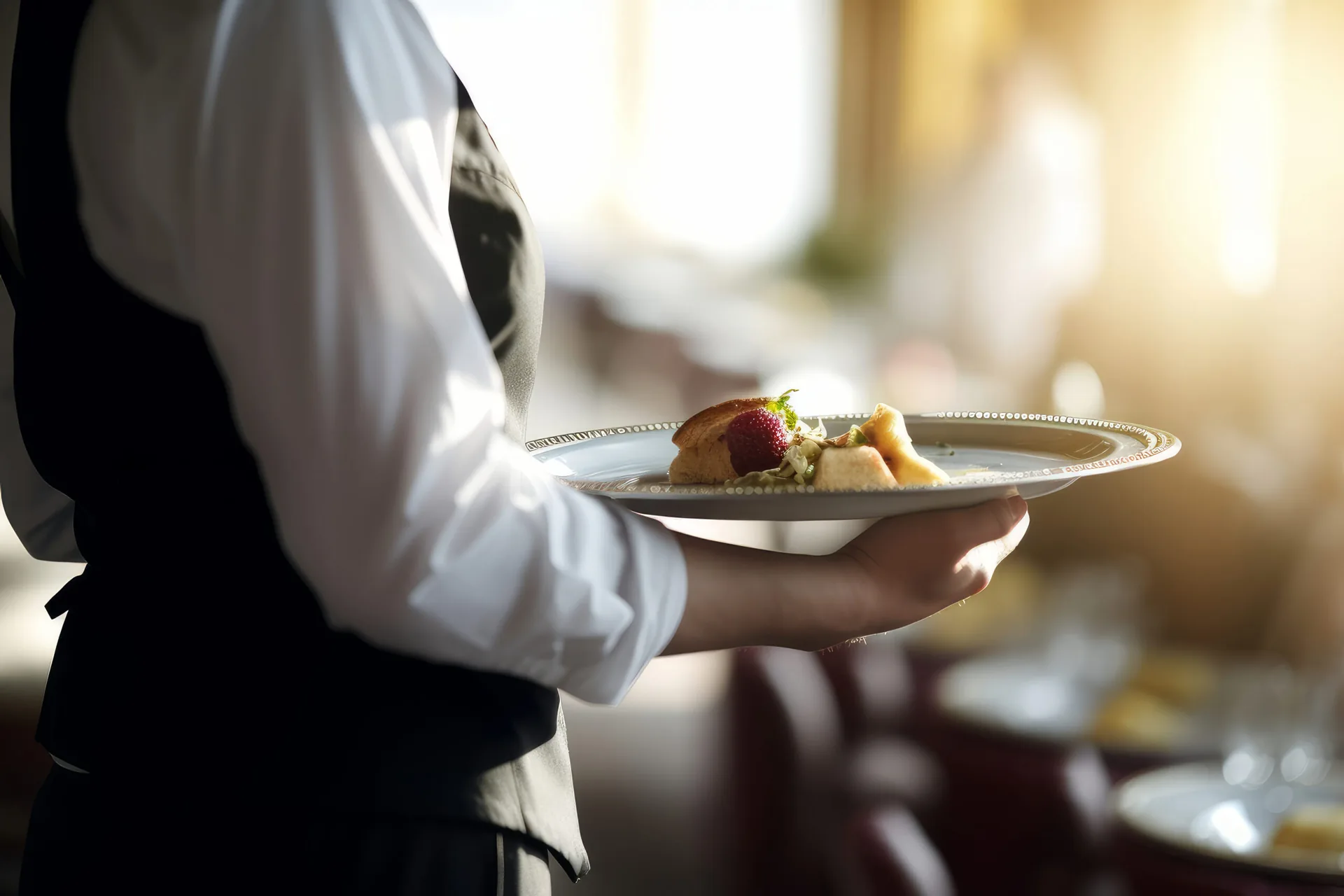 Servicemitarbeiter trägt einen Teller mit Dessert und Erdbeere ins Restaurant